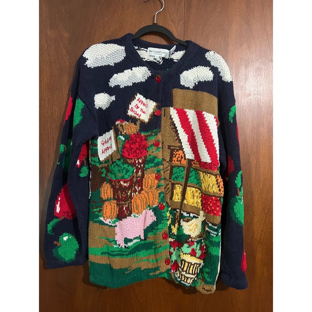 Vintage The Eagles Eye Knit Cardigan Sweater Womens L Fall Apple Orchard Pumpkin